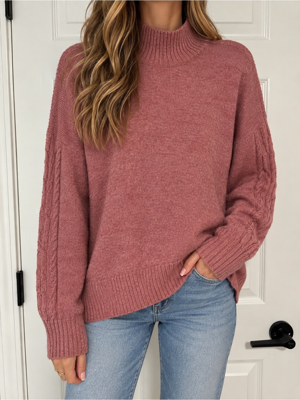 LC Lauren Conrad Dusty Rose Mock-Neck Cable-Sleeve Sweater